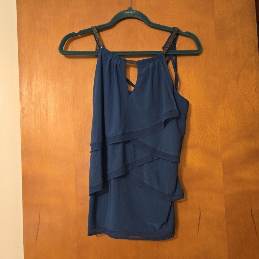 NWT White House Black Market Blue Jewel Ball Chain Date Night Tiered Top XXS